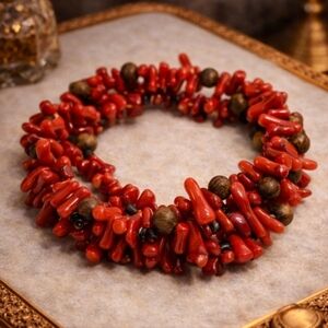 VINTAGE RED CORAL CHIP MULTI-STRAND STRETCH BRACELET NATURAL BRANCH FORM